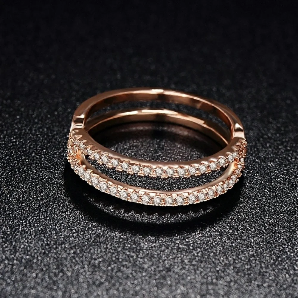Rose Gold Double Band Ring with Cubic Zirconia Pave Setting Size 8 - Picture 6 of 6